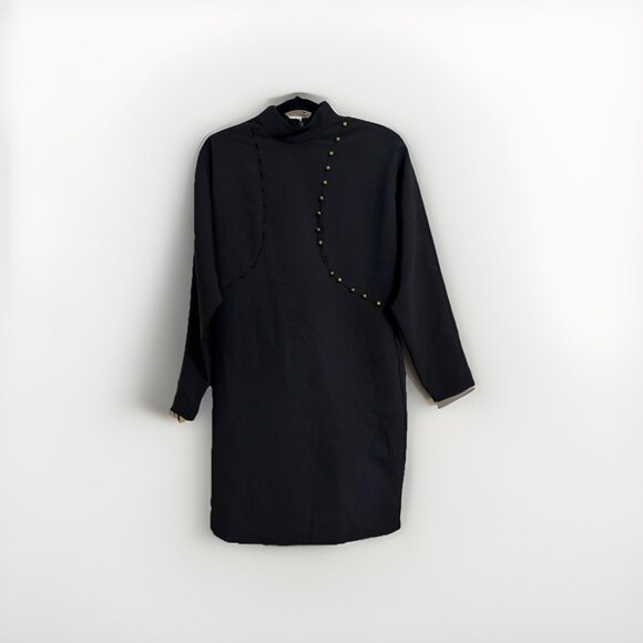 Nicole Miller Black Puff Sleeve Button Mini Dress Missing Button Sz 6 Runway - Picture 3 of 7